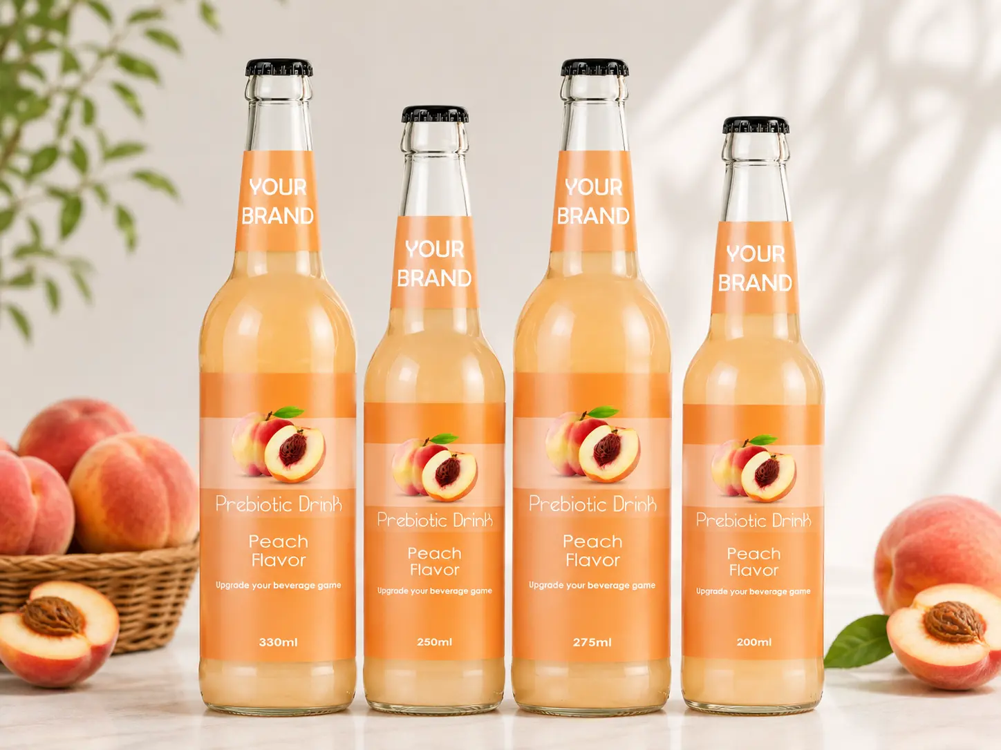 PREBIOTIC DRINK Peach Flavor 330ml, 250ml, 275ml and 200ml glass bottles.